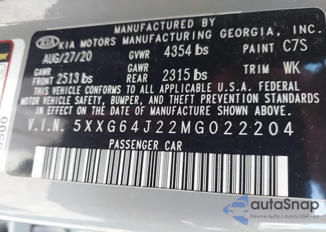 2021 Kia K5 Gt-Line from USA, damaged, VIN 5XXG64J22MG022204